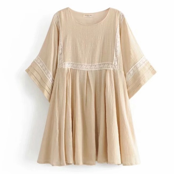 Boho Gypsy Tunic Boxy Mini Dress Taupe Cream Lace - Picture 2 of 4